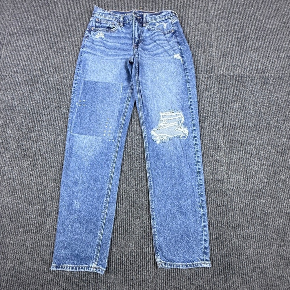 American Eagle 90s Straight Distressed Patch Jeans Blue Women Size 4R 5110560748